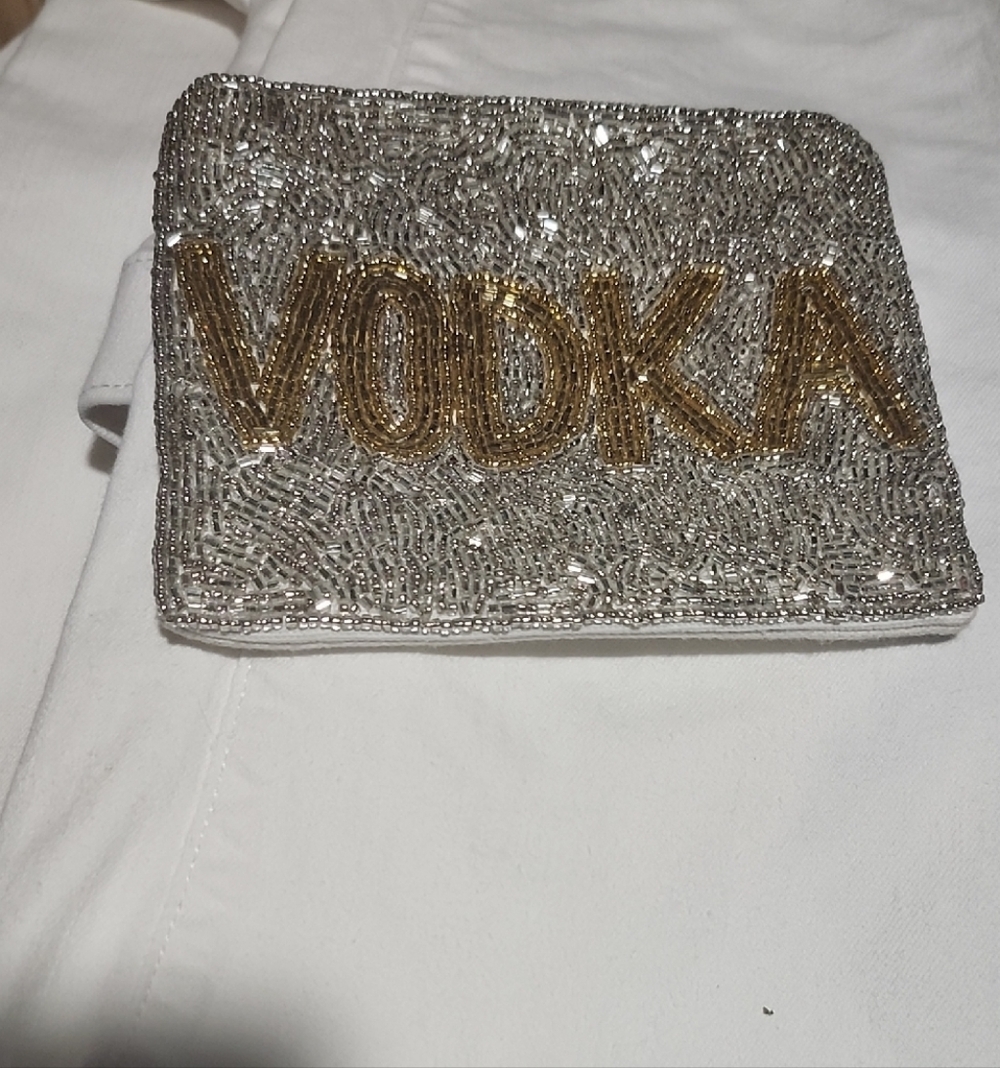 Silver Beaded 'VODKA' Clutch Bag with Gold Lettering